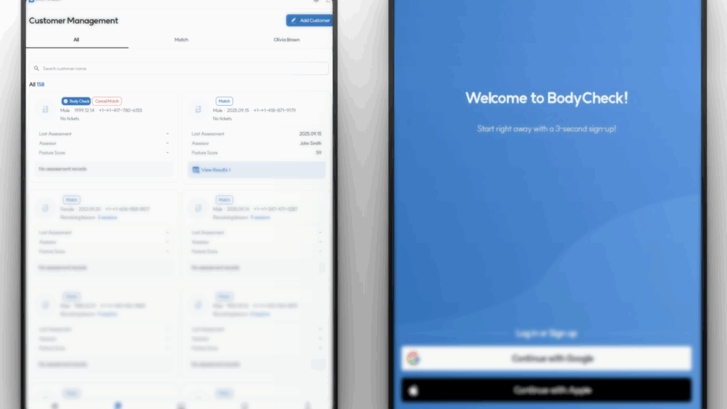 bodycheck app landing page and customer management