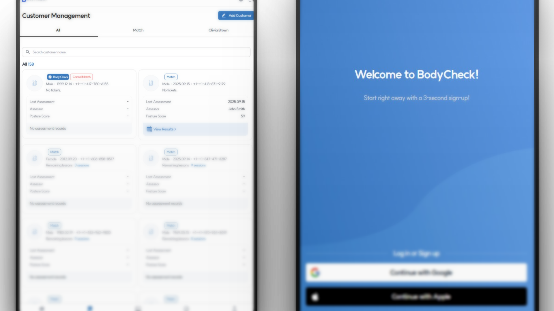 bodycheck app landing page and customer management